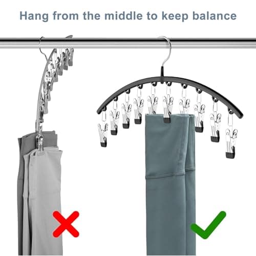 Volnamal Legging Organizer for Closet, 2 Pack Metal Yoga Pants Hangers w/10 Clips Holds 20 Leggings, Space Saving Hanging Closet Organizer w/Rubber Coated Closet Organizers and Storage, Black view 6