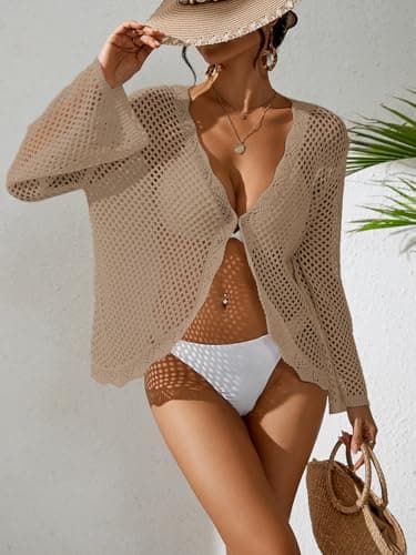 BreathSunny Womens Crochet Knit Loose Fit Beach Coverup Summer 2025 Open Front Ruffle Bathing Suit Cover Up Cropped Cardigan view 2