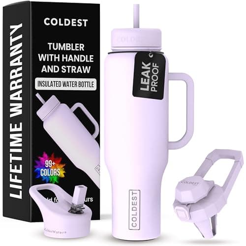 Coldest Tumbler with Handle and Straw - 100% Leak Proof Insulated Tumbler with Lid and Straw (3 Lids) - Stainless Steel Tumblers for Women & Men - Cup Holder Friendly Base, 46 oz (Lilac Blue) view 1