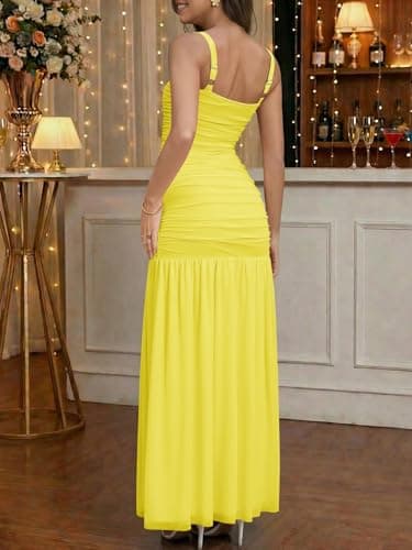 Wenrine Womens Summer Sleeveless Maxi Dress Mesh Ruched Spaghetti Strap Wedding Guest Split Formal Cocktail Dresses view 3