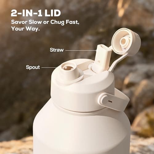 POWCAN 64 oz Water Bottle Insulated with 2-in-1 Straw and Spout Lid, Carrier Bag, Handle Strap, Leakproof, BPA-Free, Half Gallon Metal Water Bottle for Camping, Picnic and Hydration (Cream) view 4