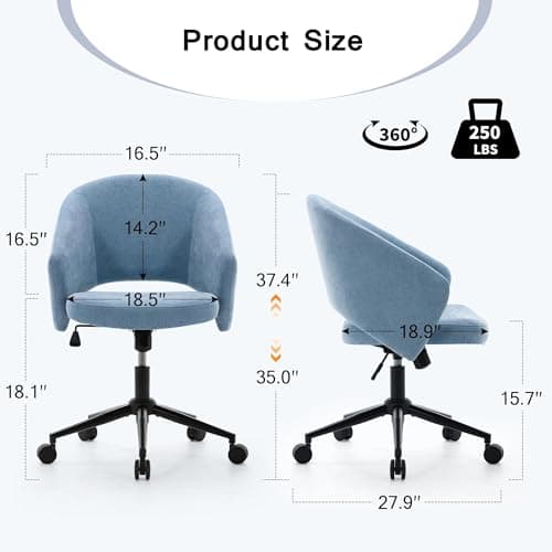 Fmolat Vanity Chair with Back,Small Office Chair with Silent Wheels,Luxury Faux Fur for Lumbar Support,Adjustable Swivel Rolling Desk Chair Compact for Your Vanity Room and Small Office (Blue) view 2