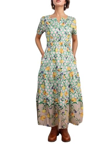 ACCPUR Women's Summer Boho Maxi Dresses Floral V Neck Tiered Short Sleeve Long Dress Flowy Beach Vacation Dress with Pockets view 2