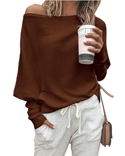 Zenlonr Off The Shoulder Sweaters for Women Fall Clothes 2026 Casual Long Batwing Sleeve Ribbed Knit Pullover Tops view 1