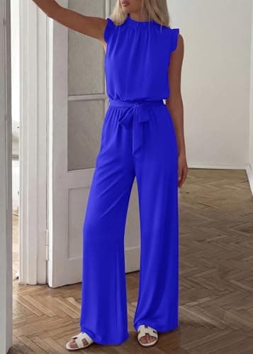 KIRUNDO Jumpsuits For Women Dressy Summer One Piece Sleeveless Ruffle Mock Neck Belt Pockets Formal Wide Leg Pants Romper view 4