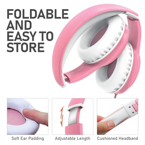 FosPower Kids Headphones with 3.5mm Laced Cables, Children & Teens Over The Ear Foldable Adjustable Headset w/Built-in Mic for Smartphones/PC/Tablet/Laptop/School (Max Volume 85dB) – Pink/White view 5