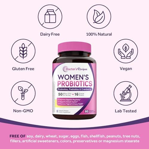 Doctor's Recipes Women's Probiotic, 60 Caps 50 Billion CFU 16 Strains, with Organic Cranberry, Digestive Immune Vaginal & Urinary Health, Shelf Stable, Delayed Release, No Soy Gluten Dairy view 5