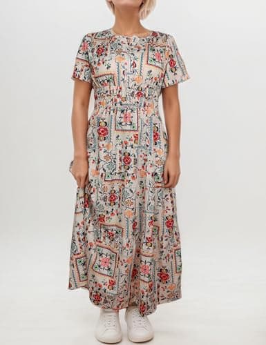 ACCPUR Women's Summer Boho Maxi Dresses Floral V Neck Tiered Short Sleeve Long Dress Flowy Beach Vacation Dress with Pockets view 4