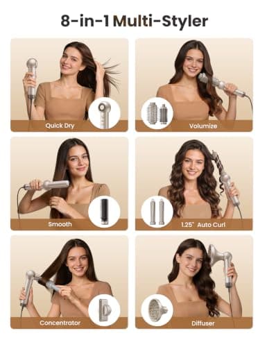O.H.B 8 in 1 Air Styler & High Speed Hair Dryer Brush, Gold | 110,000 RPM Ionic Blow Dryer with Auto-Wrap Curlers, Rotatable Outlet, Volumizing and Straightening, Includes Travel Case view 2