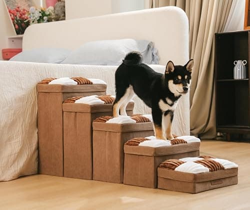 FUNNYFUZZY Dog Stairs for Small Dogs - 5 Steps Chessboard Plaid Handcrafted Dog Stairs with Storage - Multifunctional and Foldable, Brown view 2