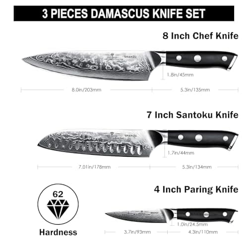 SHAN ZU Damascus Knife Set, Japanese Super Steel 3 PCS Damascus High Carbon Professional Ultra-Sharp Kitchen Chef Knife Set with G10 Handle Gift Box view 2