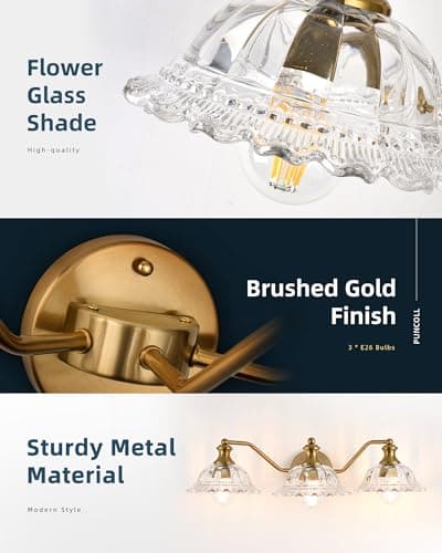 puncoll Vintage Bathroom Vanity Light Fixture - 3-Lights Bathroom Lighting Gold Finish with Flower Glass Shade - Vanity Lights Over Mirror, W2505-3-BG view 5