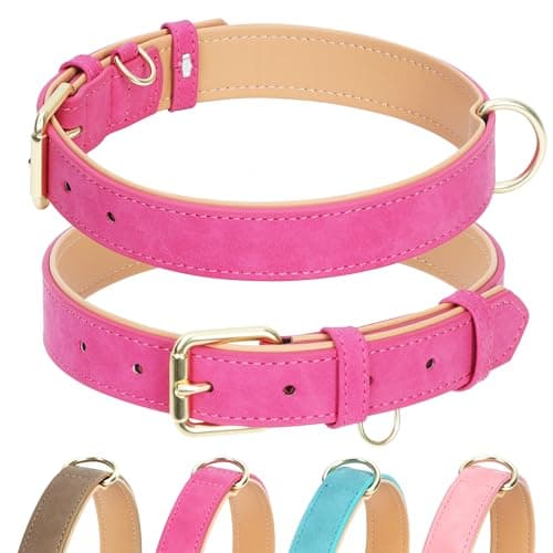 Jumpress Leather Dog Collar for Small Medium Large Dogs, Soft Padded Dog Leather Collar with Heavy Duty Gold Buckle, Durable & Comfortable for Puppy Dogs Daily Walking (Hot Pink, XS) — image 1