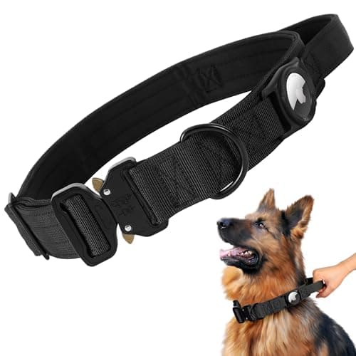 Jumpress Heavy Duty Tactical Dog Collar with Airtag Holder, 1.5’’ Wide Large Dog Collar with Comfortable Handle, Durable Airtag Dog Collar for Large Dogs (Black,Neck 18-20’’) view 1