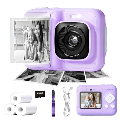 ETIKEZ Kids Camera, 1080P Instant Digital Print Camera for Kids, Christmas Birthday Gifts for 4 5 6 7 8 9 10 Year Old Girls Boys, Portable Toy with 32GB SD Card & 3 Rolls Printing Paper, Purple