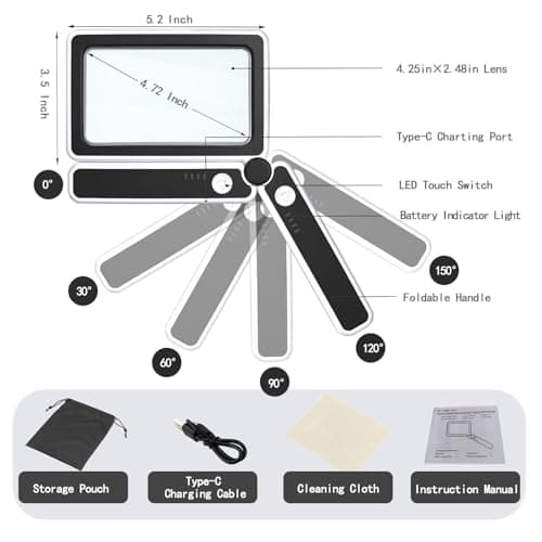 2 Pack Magnifying Glass with Light, Rechargeable Page Magnifier with 3 Light Modes Magnifying Glass for Reading Folding Handheld Lens with Clean Cloth Items for Grandma Grandpa Seniors Book Lovers view 2