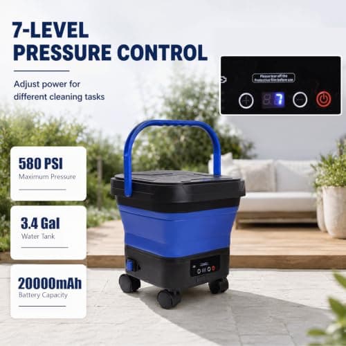 Portable Cordless Washer with 3.4Gal Tank, Foldable Design for Car Camping | 580PSI Max, 7-Level Adjustable Sprayer, 360° Rotating Nozzle, 23FT Hose, 20000mAh Battery, Portable with Wheels, Blue view 4