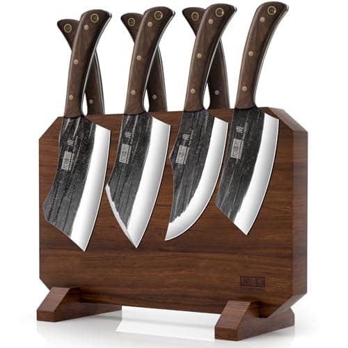 HOSHANHO 8PCS Butcher Kitchen Knife Set, Sharp Magnetic Knife Block Set | Hand Forged High Carbon Stainless Steel Chef Knives Set with Meat Cleaver Knife & Bone Chopper Knives Gift for Men — image 1