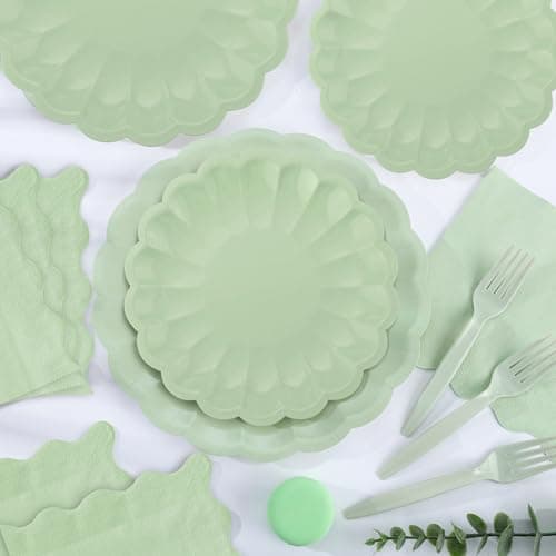 96 Pcs Sage Green Paper Plates and Napkins Party Supplies Serve 24 Guests Include Scalloped Dinner Plate 9.5", Dessert Plate 7.5", Napkins Plastic Forks for Baby Bridal Shower Wedding Birthday view 5