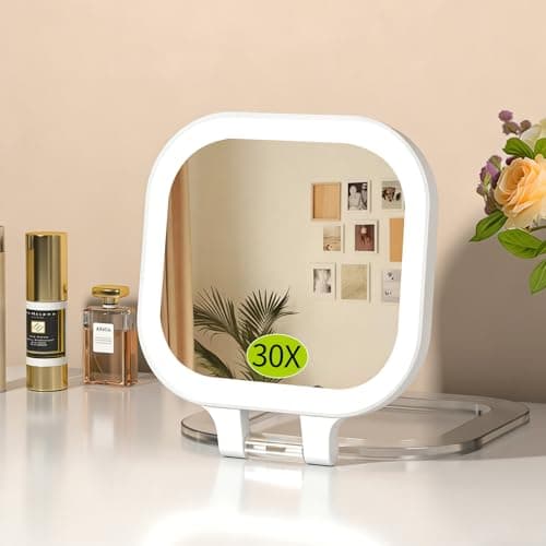 FUNTOUCH 4inch 1x 30x Magnifying Travel Makeup Mirror with Lights, Rechargeable Lighted Compact Mirror with Light, 3 Color Lighting, Double Sided Portable Handheld Hanging, Gifts for Women,White