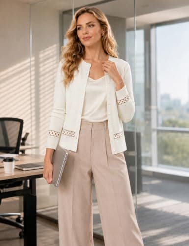 VIMPUNEC Fall Crochet Button Down Cardigan Sweater for Women | Crew Neck, Delicate Lace Detail, Lightweight Layer, Office Ready Styling, Travel Friendly, Spring Fall Wardrobe Essential view 3