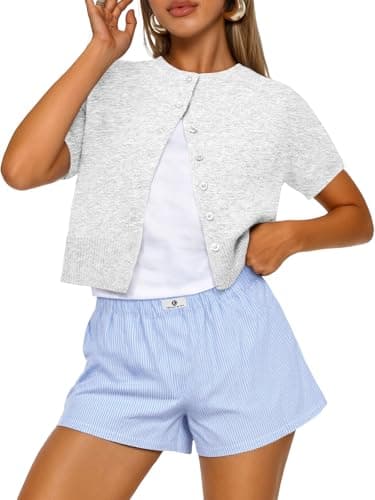 Trendy Queen Cropped Short Sleeve Cardigan Sweaters for Women Summer Lightweight Spring Outfits Y2k Fashion Clothes 2026 Grey S