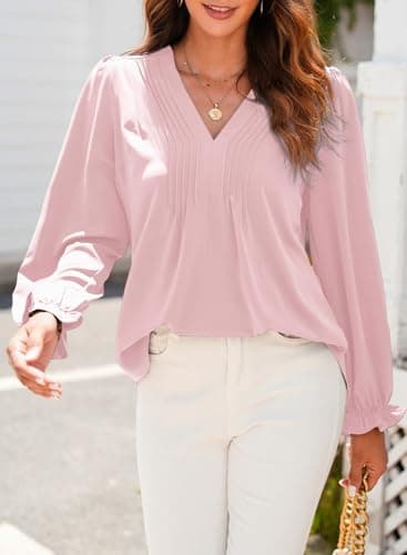 Dokotoo Womens Tops Casual Pleated V Neck Puff Long Sleeve T Shirts Loose Tunic Business Blouse view 3