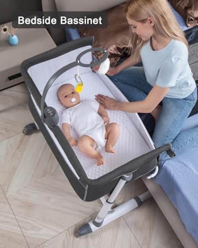 Yacul Baby Bassinet, Bedside Crib Sleeper with Wheels and Music Box, Breathable Mesh Height Adjustable Baby Bedside Sleeper, Portable, Dark Gray view 4