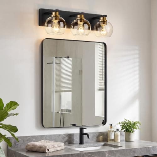 Bathroom Light Fixtures, 3-Light 22 Inch Black and Gold Bathroom Vanity Light, Modern Wall Sconces with Clear Glass Globe Shades, Vanity Lighting Fixtures Over Mirror, E26 Socket (Bulbs Not Included) view 4