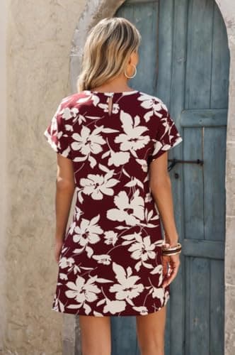 Wenrine Womens Summer Dress 2025 Floral T Shirt Dress Casual Cap Sleeve Crewneck Loose Boho Shift Mini Dresses view 3