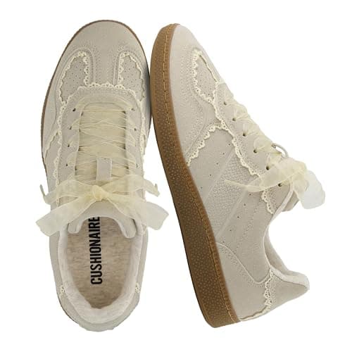 CUSHIONAIRE Belinda Women’s Lace Detail Casual Sneakers – Elegant Ribbon Lace-Up Summer Shoes for Women with Memory Foam, IVORY 8