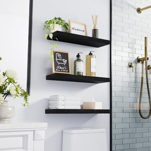 BAYKA Floating Shelves for Wall, Wall Mounted Rustic Wood Shelves for Bathroom, Bedroom, Living Room, Kitchen, Hanging Shelf for Books/Storage/Room Decor with 22lbs Capacity (Black, Set of 3, 15.7in) view 2