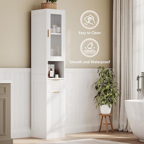 iPormis 67" Tall Bathroom Storage Cabinet with Reeded Glass Door, 1 Drawer, Removable Laundry Basket & Adjustable Shelf, Freestanding Narrow Cabinet for Bathroom, Living Room, Small Spaces, White view 6