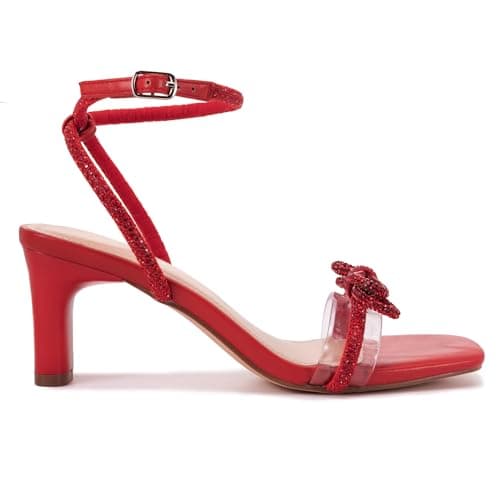 Athlefit Women's Rhinestone Bow Heels Clear Open Square Toe Block Heels Buckle Heeled Sandals for Party Wedding view 3