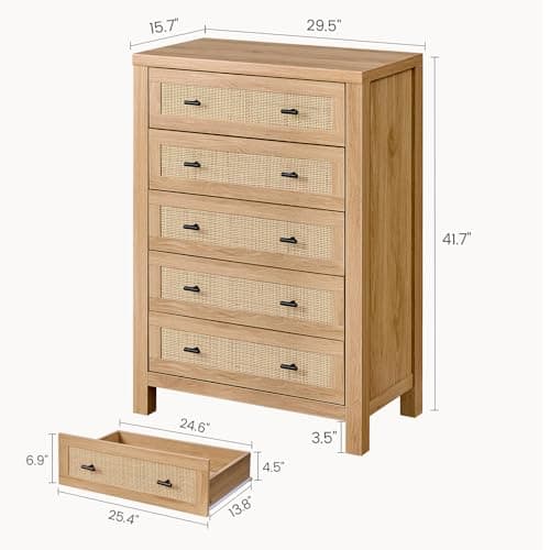 VIAGDO Rattan Dresser for Bedroom, Vertical Tall Rattan Dresser with 5 Storage Drawers, Boho Wood 5 Drawer Dresser with Thick Legs, Wooden Chest of Drawers for Bedroom, Entryway, Living Room, Natural view 2