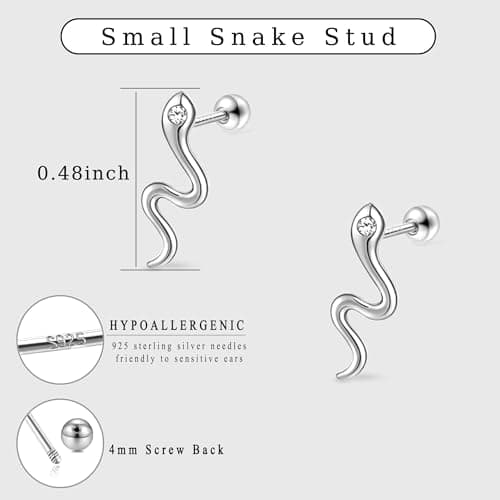 DHZJTSL Small Silver Snake Stud Earrings for Women, Hypoallergenic 925 Sterling Silver Snake Shaped Gothic Goth Earrings, Cartilage Helix Piercing view 2