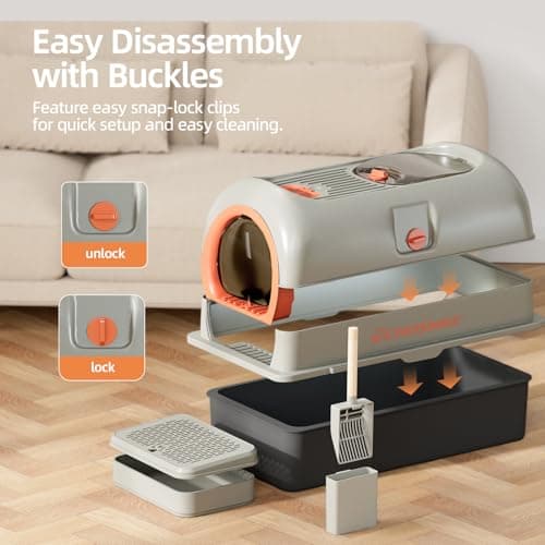 EchoSmile Stainless Steel Cat Litter Box with Lid, Large Enclosed Litter Box Top Entry for Big Cats & Kitty, Non Stick Metal Litter Box with Scoop & Foot Pedal, Odor Free, Anti-Leakage, Grey view 6