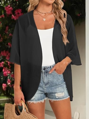 GKBK Women Floral Print Puff Sleeve Kimono Cardigan Loose Swimsuit Beach Cover Up Casual Blouse Summer Tops Capes view 2