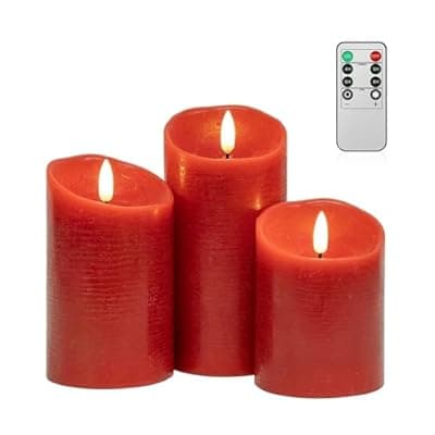 ANGELLOONG Red Flameless Candles with Remote and Timer, Real Wax Flickering Fake Pillar Candles Battery Operated, Electric LED Candle for Bathroom Table Decor Birthday Gifts for Him Her, Set of 3