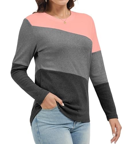 Jeqeocafy Women's Color Block Tunics Tops Crewneck Long Sleeve Shirts Casual Pullover Loose Fit T-Shirt view 3