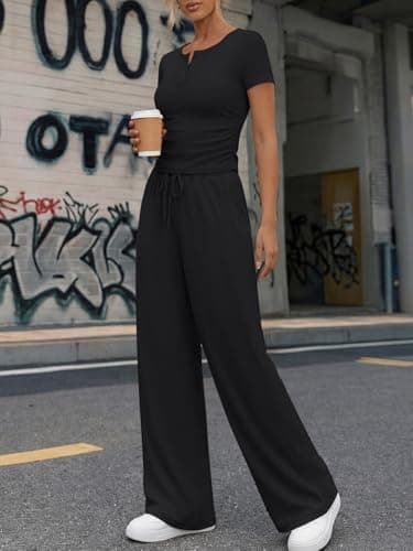 Trendy Queen Womens 2 Piece Sets Lounge Matching Set Cruise Casual Vacation Outfits Summer Wide Leg Pants Workout Clothes view 3