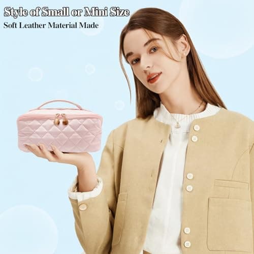STOMKIRE Pink Soft Leather Small Makeup Bag for Purse Small Makeup Pouch Cute Cosmetic Bag Mini Travel Toiletry Bag Quilted Lay Flat Make up Bag for Women view 3