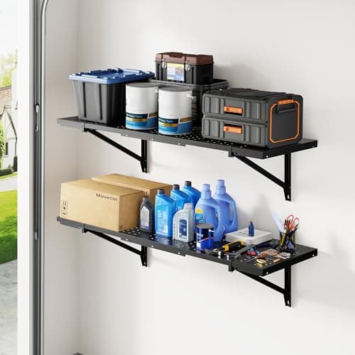 FLEXIMOUNTS 2-Pack 1x3ft Garage Shelving 14-inch-by-34-inch Perforated Wall Shelf, Heavy Duty Garage Storage Rack with 700 lbs Load Capacity, Wall Mounted Organization System for Tools, Heavy Bins view 2
