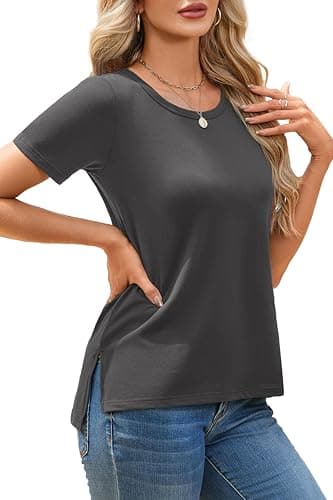 Herou Summer Women Casual Short Sleeve Tops T-Shirts Tees with Side Split — image 1