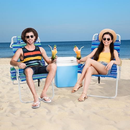 Tall Beach Chairs for Adults, 17" High Backpack Beach Chair with Wooden Armrests, 5 Positions Reclining Heavy Duty Chair with Large Cooler Pouch, Support to 350LBS Striped Blue,2pack view 2