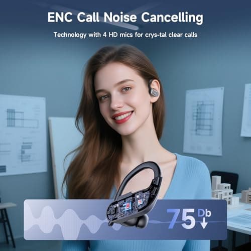 Wireless Earbuds, Sports Bluetooth 6.1 Earhooks Headphones, 90H Playtime LED Charging Case, ENC Noise Cancelling, 16.2mm Driver HiFi Stereo, IPX7 Waterproof Earphones for Running Workout Gym Black view 6