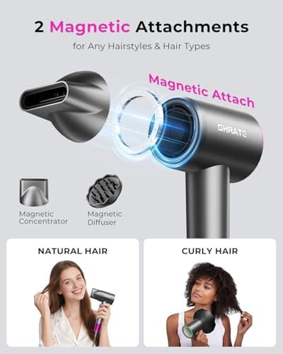 SHRATE Professional High Speed Ionic Hair Dryer | Ultra-Fast Drying | 500 Million Negative Ions | Low Noise | 160000 RPM | Compact Blow Dryer with Magnetic Diffuser for Faster Drying All Hair Types view 6