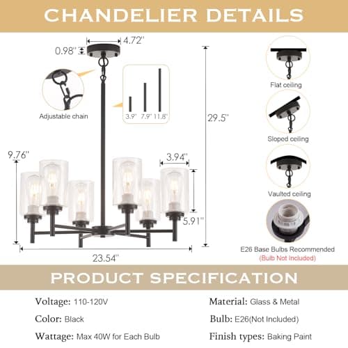 SGRUXELL Black Chandeliers for Dining Room,6 Lights Modern Farmhouse Chandelier with Clear Glass Shade,Industrial Hanging Light Fixture for Kitchen Island Bathroom Living Room Bedroom Foyer Entryway view 2