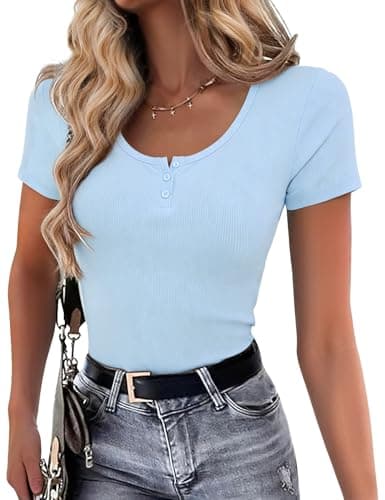 JUSTFASHIONNOW Womens Short Sleeve Tops Stretchy Henley Scoop Neck Fitted Casual Basic Ribbed T-Shirts 2026 Summer Trendy view 2