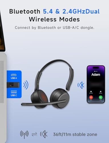 AOC Wireless Headset with Mic for Work, Bluetooth 5.4 Headphones-Dark Black | AI Noise-Canceling Mic for Clear Calls, Computer Headset with Mic Mute & USB A/C Dongle for PC, Computer, Laptop view 3